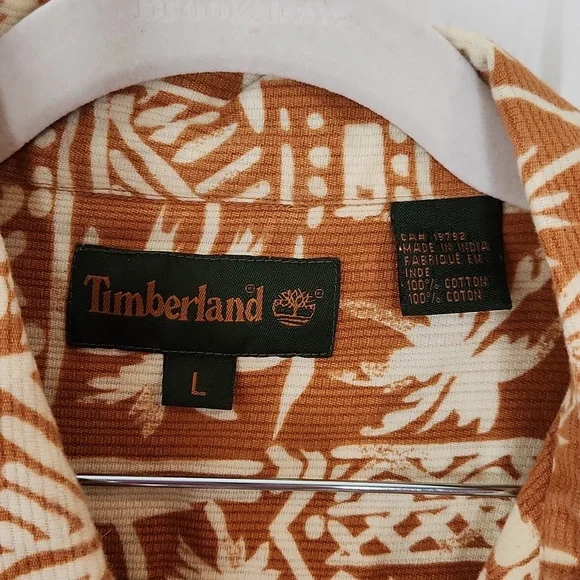 Timberland Hawaiian print button up shirt light orange brown large - Picture 2 of 9